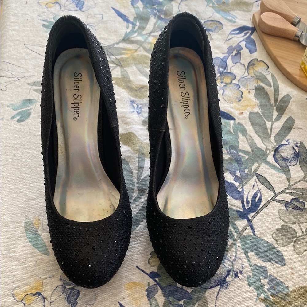 Silver Slipper Black Women's Heels